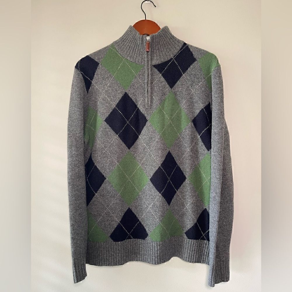 J. Crew 100% Premium Lambswool Argyle Gray Zip Pullover Sweater Size Medium